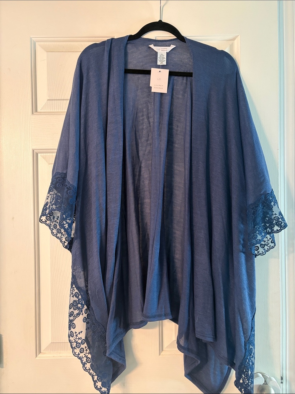 NWT Lauren Conrad Dusty Blue Lace-Trim Open Kimono, one size
